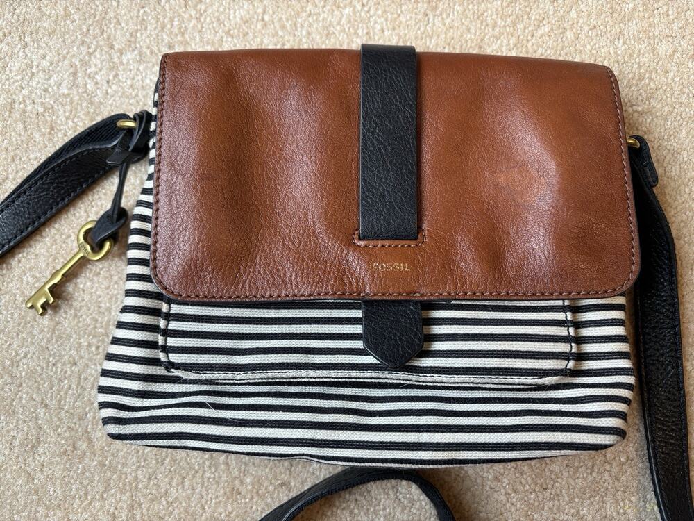 FOSSIL KINLEY CROSSBODY BAG LEATHER & STRIPED CANVAS FRONT FLAP W/ KEY
